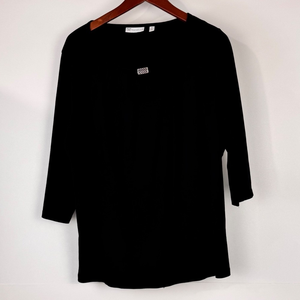 Rafaella Blouse Women 2X Black 3/4 Sleeve Cotton Pleated Neck Office Casual - Picture 4 of 9